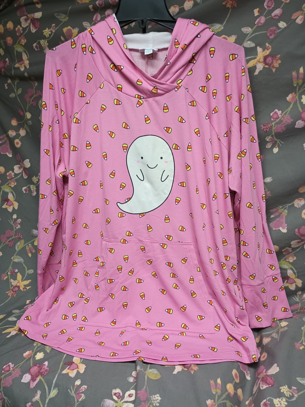 LuLaRoe Pink Ghost & Candy Corn Hooded Lightweight Shirt 2X XXL